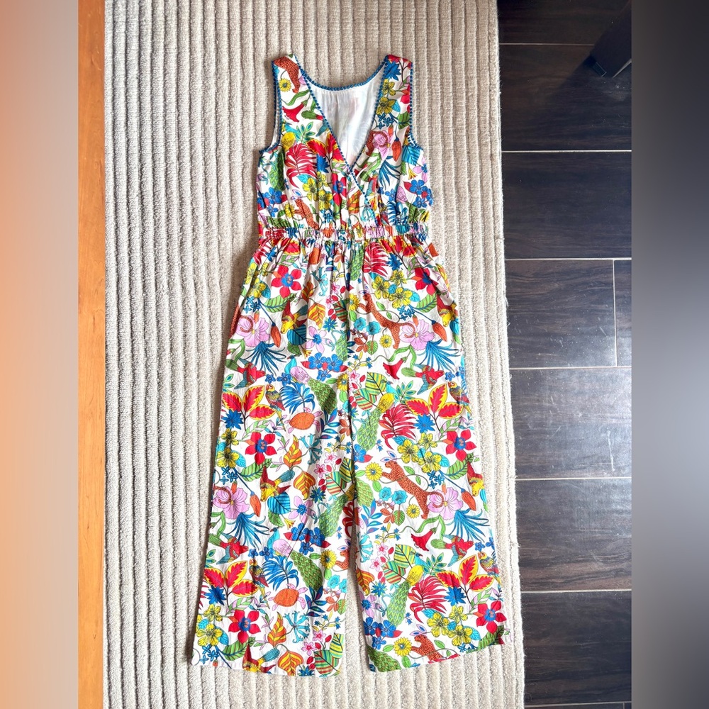 Boden Girls White Jumpsuit with Multicolor Tropical Print - Picture 4 of 9